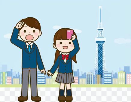 High school student looking up at Sky Tree High school student looking up at Sky Tree