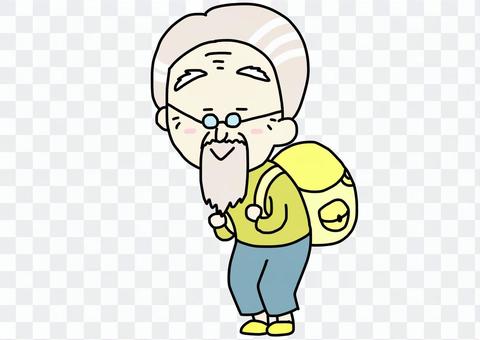 The old man carrying the backpack The old man carrying the backpack