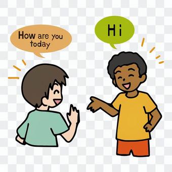 A boy who speaks English and greets a foreign child A boy who speaks English and greets a foreign child