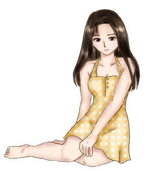 A woman sitting on the floor in a camisole dress A woman sitting on the floor in a camisole dress