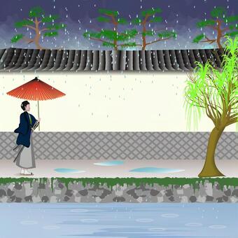 城下町 白壁 壁 川 風情 侍 雨 傘 城下町 白壁 壁 川 風情 侍 雨 傘