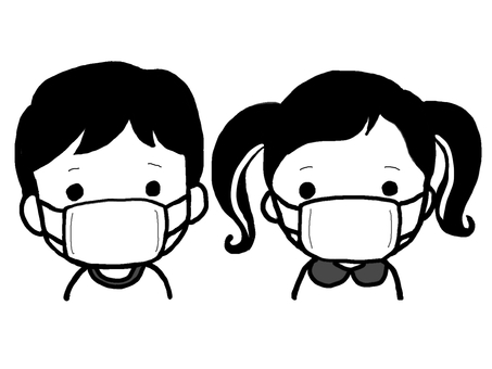 Black and white illustrations of boys and girls wearing masks Black and white illustrations of boys and girls wearing masks