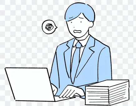A man in a suit chased by computer work A man in a suit chased by computer work