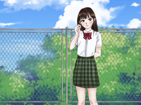 Junior high school girls meeting in front of the fence Junior high school girls meeting in front of the fence