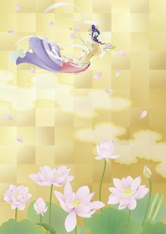 Renka _ Buddhist _ gold leaf lotus pond _ vertical size Renka _ Buddhist _ gold leaf lotus pond _ vertical size