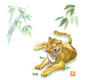 Hand-painted watercolor New Year's card tiger and bamboo with seal Hand-painted watercolor New Year's card tiger and bamboo with seal