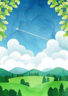 Watercolor style summer satoyama background vertical Watercolor style summer satoyama background vertical
