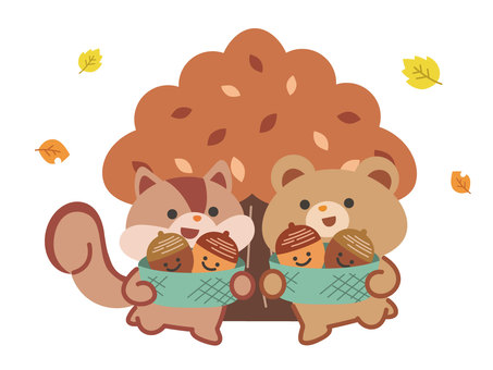 Acorn picking squirrel and bear autumn leaves background Acorn picking squirrel and bear autumn leaves background