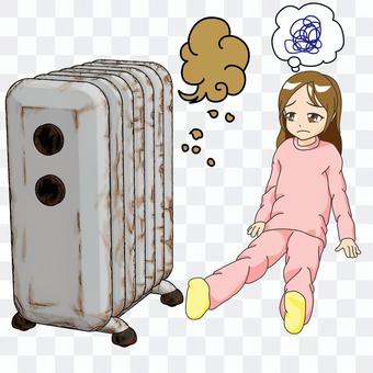 Broken oil heater and girl, no background Broken oil heater and girl, no background
