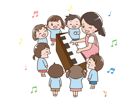Nursery teacher and kindergarten children sing piano songs Nursery teacher and kindergarten children sing piano songs