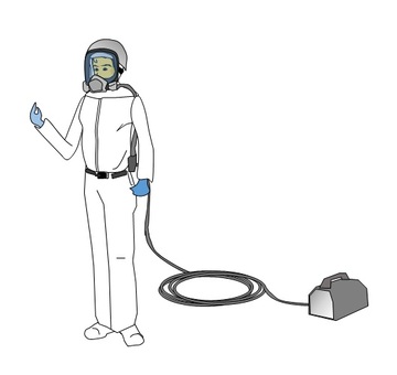 Male worker wearing air mask Male worker wearing air mask