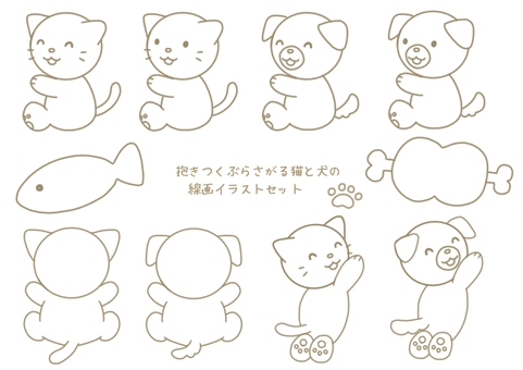 Hugging hanging cat and dog line drawing set Hugging hanging cat and dog line drawing set