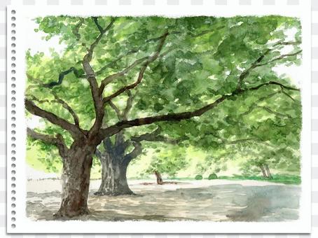 Analog watercolor landscape painting shade of English cottage Analog watercolor landscape painting shade of English cottage