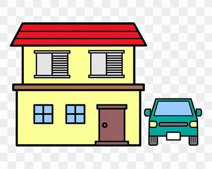 Illustration of a red roof house and a green car Illustration of a red roof house and a green car