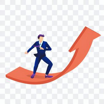 Office worker riding an arrow rising to the right Office worker riding an arrow rising to the right