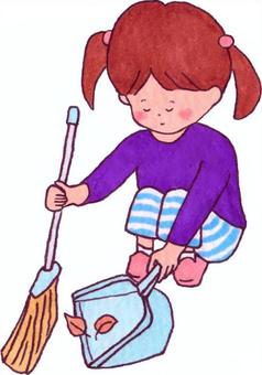 A girl sweeping the fallen leaves A girl sweeping the fallen leaves