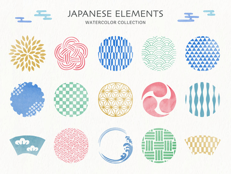 Watercolor style Japanese pattern frame and icon set Watercolor style Japanese pattern frame and icon set