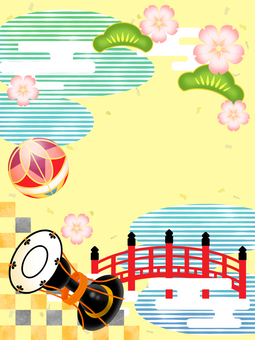 Drum, ball, cherry blossom, pine, vermilion bridge, pond frame Drum, ball, cherry blossom, pine, vermilion bridge, pond frame