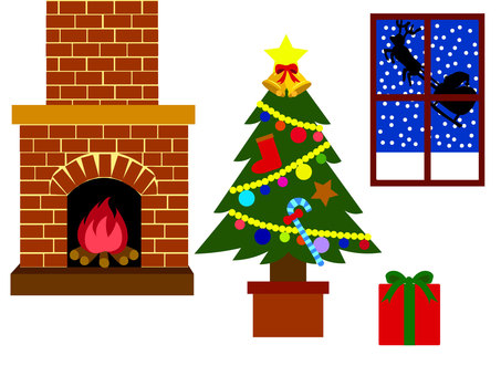 Christmas tree, fireplace and gifts Christmas tree, fireplace and gifts