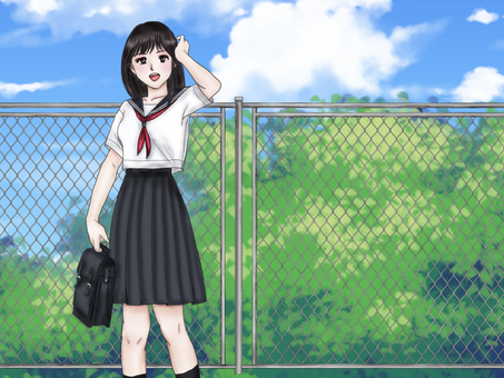 High school girl meeting in front of the fence High school girl meeting in front of the fence
