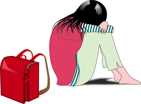 Depressed lonely sitting school bag child Depressed lonely sitting school bag child