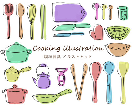 Hand-drawn illustration set of various cooking utensils Hand-drawn illustration set of various cooking utensils