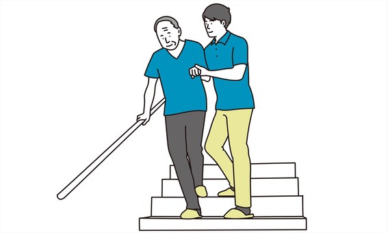 Elderly people going down the stairs with assistance Elderly people going down the stairs with assistance