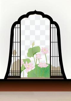 An ancient lotus peeps through the fireplace window An ancient lotus peeps through the fireplace window