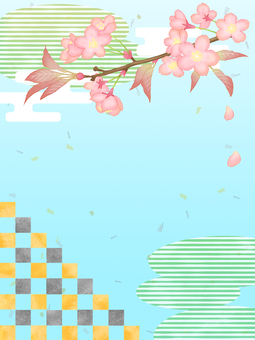 Japanese pattern frame of cherry blossoms (vertical) Cherry blossoms, checkered pattern and sky Japanese pattern frame of cherry blossoms (vertical) Cherry blossoms, checkered pattern and sky