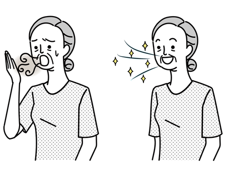 Elderly people suffering from bad breath and elderly people with refreshing breath Elderly people suffering from bad breath and elderly people with refreshing breath