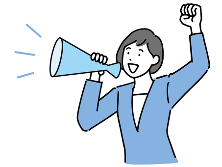 An office worker woman who raises her fist and calls with a megaphone An office worker woman who raises her fist and calls with a megaphone