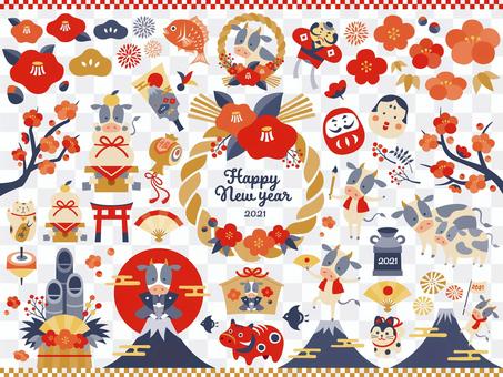 シンプルカラー 丑 年賀状イラストセット シンプルカラー 丑 年賀状イラストセット
