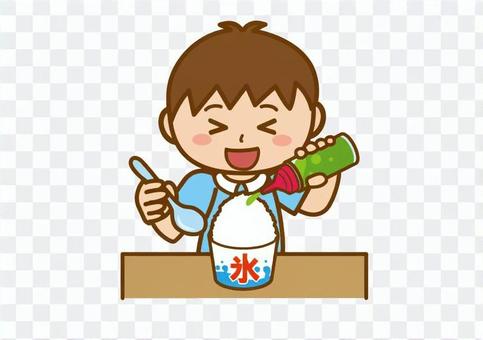 There is a boy line that puts syrup on shaved ice There is a boy line that puts syrup on shaved ice