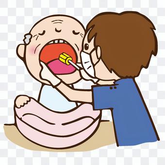 Dental staff giving oral care to grandfather Dental staff giving oral care to grandfather