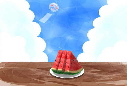 Engawa, wind chimes, watermelon, postcard size, horizontal, dark color Engawa, wind chimes, watermelon, postcard size, horizontal, dark color
