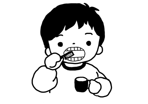 Black and white illustration of a boy brushing his teeth Black and white illustration of a boy brushing his teeth