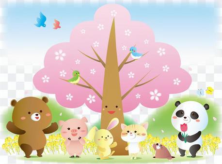 Illustration of spring animals and cherry blossoms Illustration of spring animals and cherry blossoms