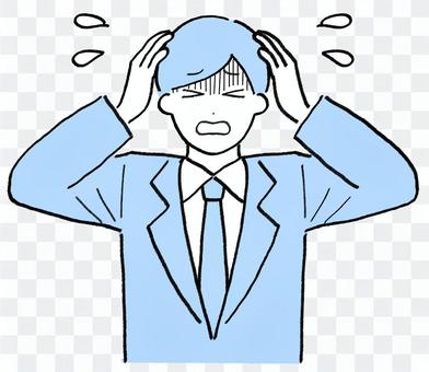 A man in a suit holding his head and turning pale A man in a suit holding his head and turning pale