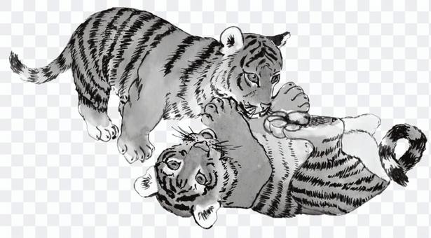 遊んでいるトラ 子供 水墨画 遊んでいるトラ 子供 水墨画