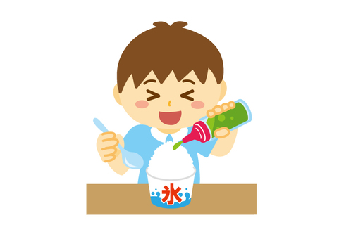 Boy sprinkling syrup on shaved ice No line Boy sprinkling syrup on shaved ice No line