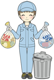 A woman in work clothes that puts out trash A woman in work clothes that puts out trash