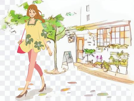 A woman visiting a fashionable cafe (colored) A woman visiting a fashionable cafe (colored)