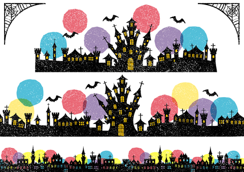 Print-style Halloween cityscape line set Print-style Halloween cityscape line set