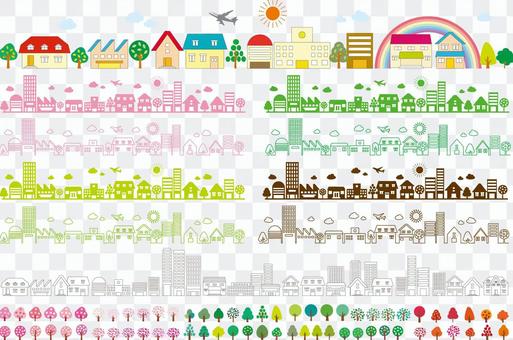 Illustration townscape silhouette plant tree spring summer autumn winter Illustration townscape silhouette plant tree spring summer autumn winter