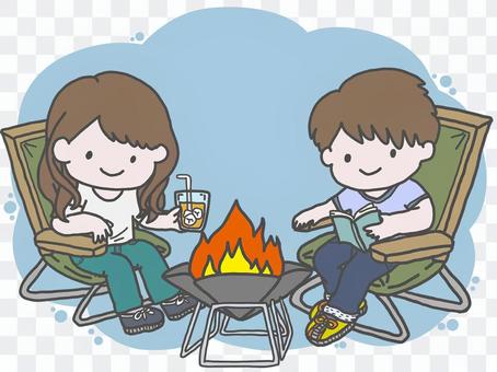 Men and women enjoying camping (with color background) Men and women enjoying camping (with color background)