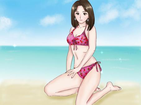 Woman in swimsuit (pink strawberry pattern bikini background) Woman in swimsuit (pink strawberry pattern bikini background)