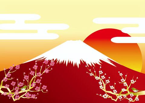 Red Fuji and clouds and red and white plum Red Fuji and clouds and red and white plum