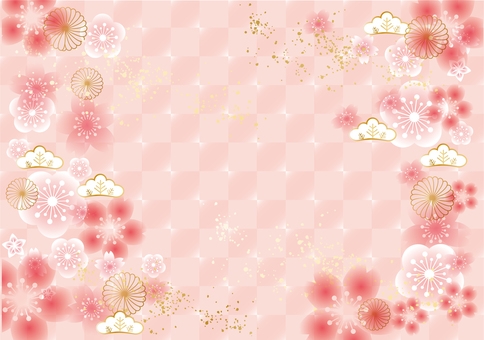 Fashionable Japanese-style background with checkered pattern and plum and cherry blossoms Fashionable Japanese-style background with checkered pattern and plum and cherry blossoms