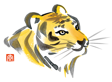 Hand-painted watercolor New Year's card tiger face with seal Hand-painted watercolor New Year's card tiger face with seal