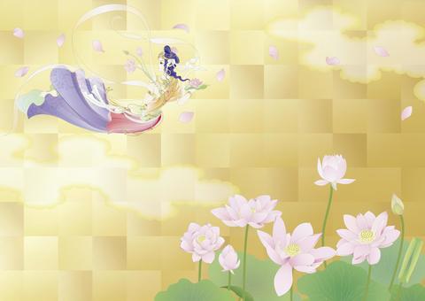 Renka _ Buddhist _ gold leaf lotus pond _ horizontal size Renka _ Buddhist _ gold leaf lotus pond _ horizontal size